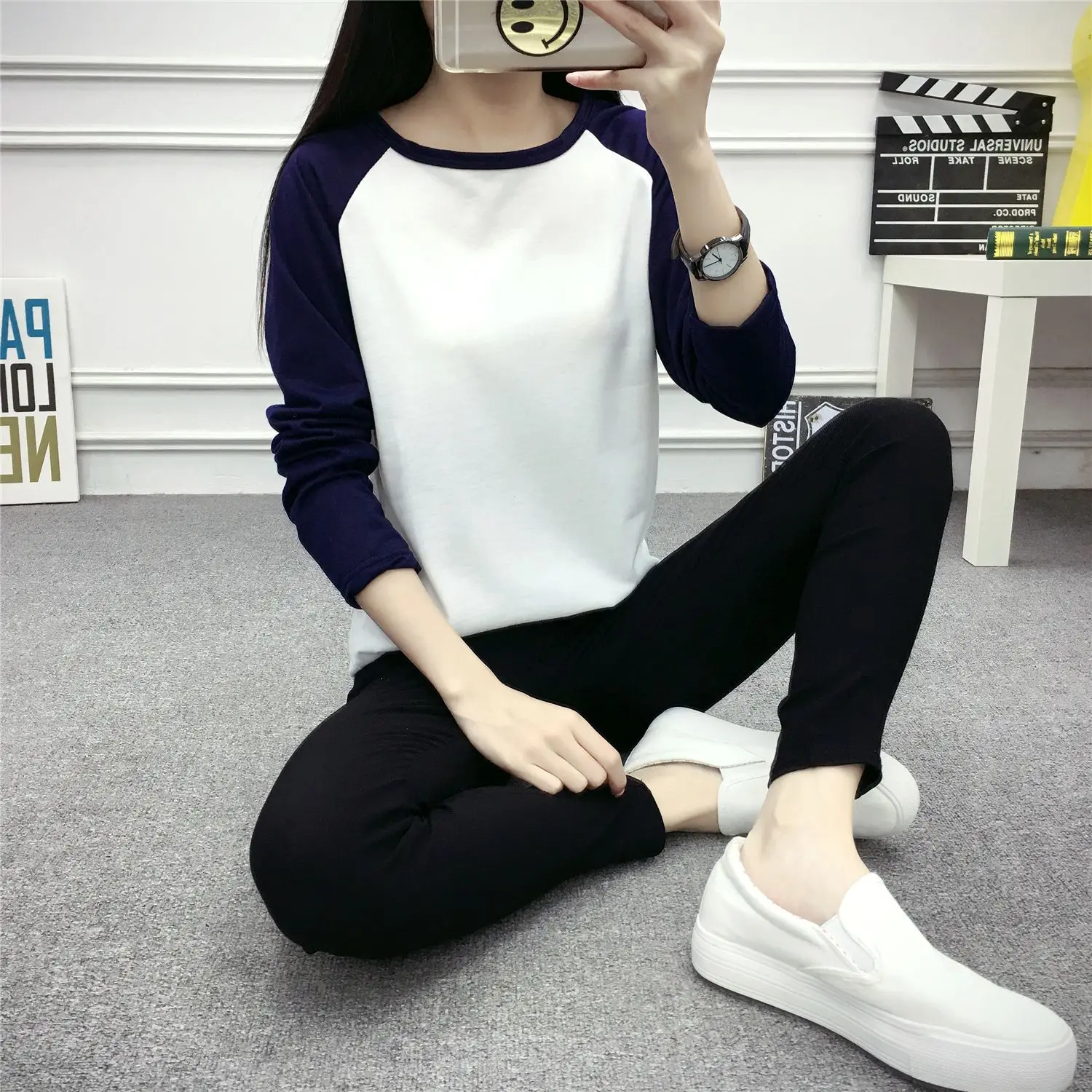 Women White Slim Fit Long Sleeve T-Shirt Loose Wear