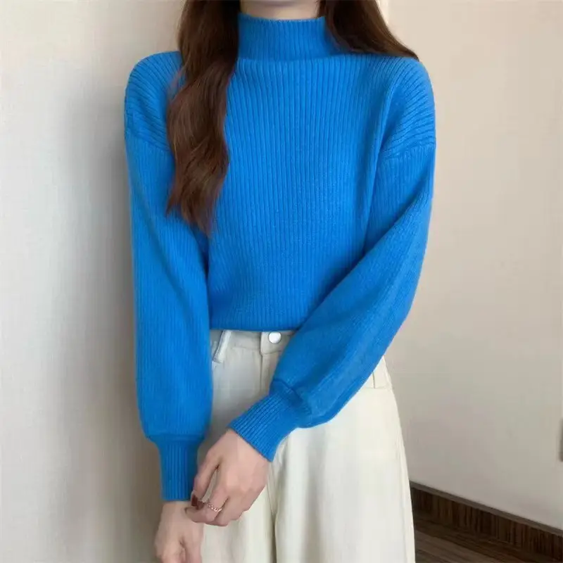 Women Half-Turtleneck Knit Sweater with Lantern Sleeve - Image 10