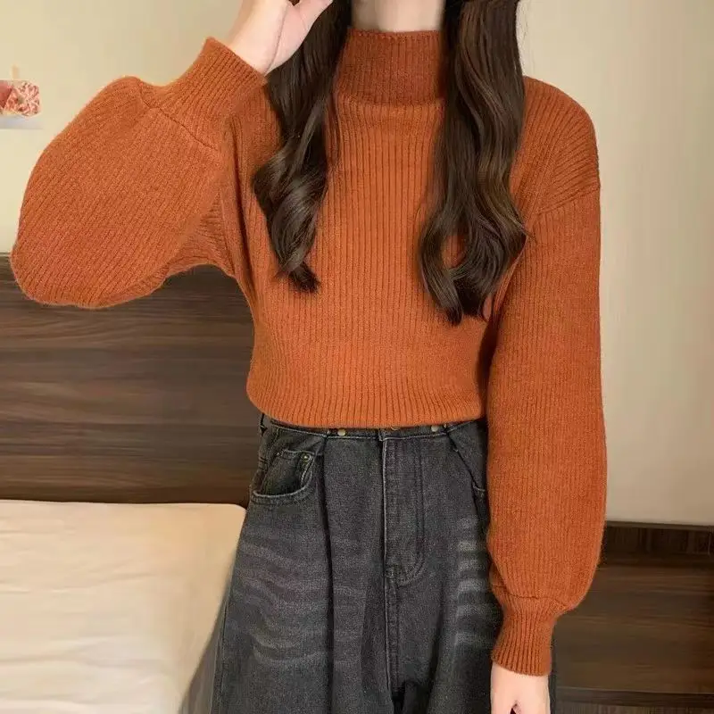 Women Half-Turtleneck Knit Sweater with Lantern Sleeve - Image 11