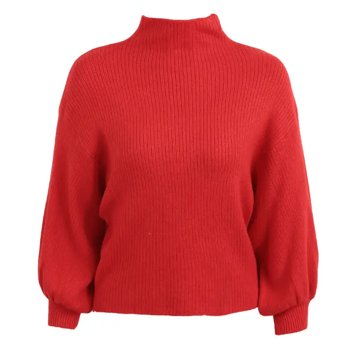 Women Half-Turtleneck Knit Sweater with Lantern Sleeve - Image 2