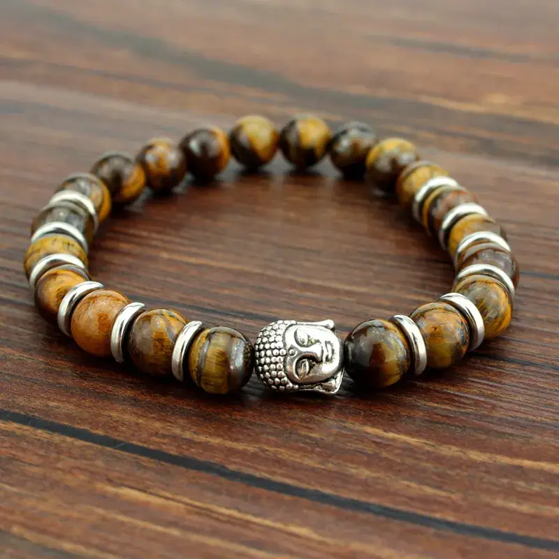 Buddha Head Bracelet with Tiger Eye & Black Beads - Image 5