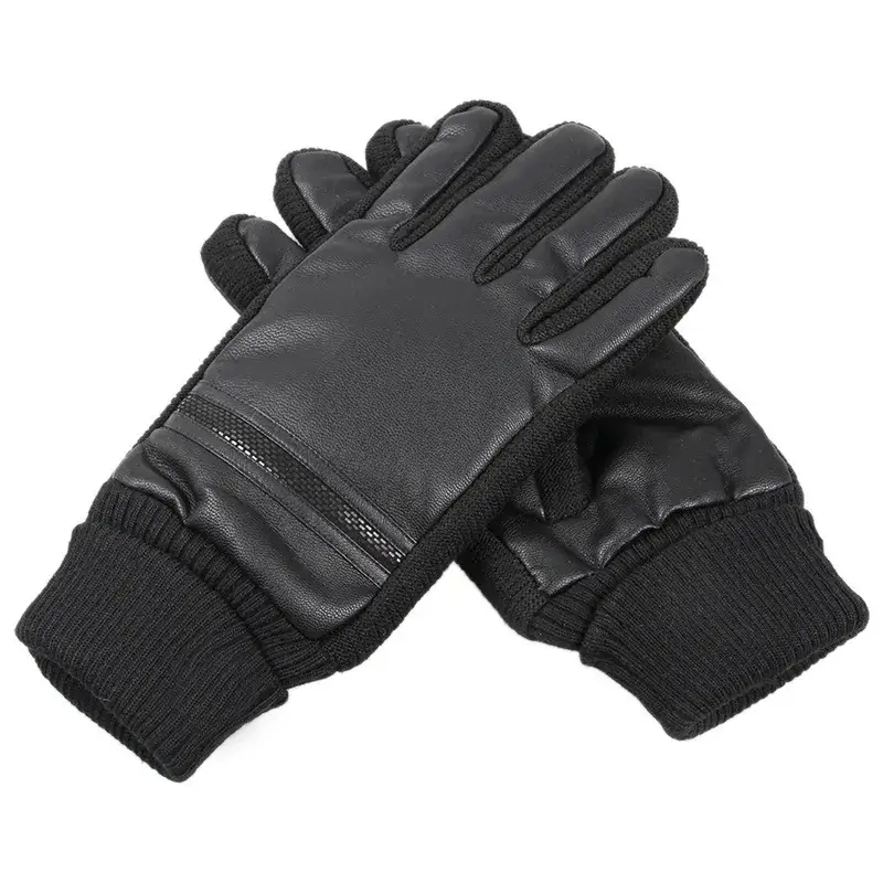 Black Leather Winter Ski Gloves Rainproof Warmth - Image 3