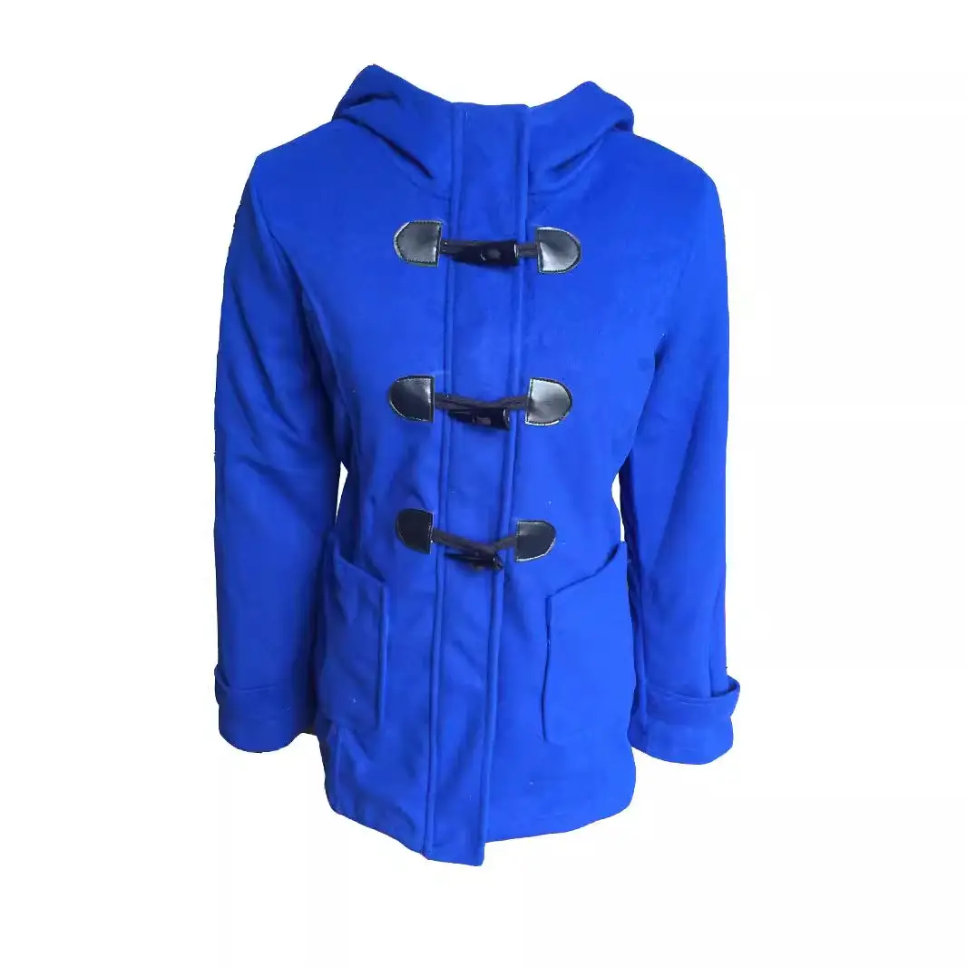 Women Hooded Horn Button Jacket Blue Thickened Woolen