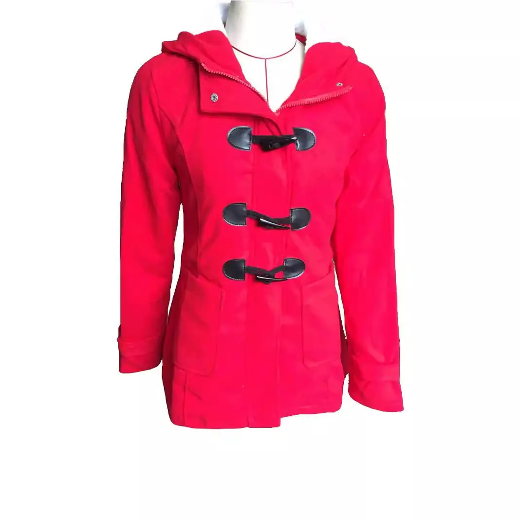 Women Hooded Horn Button Jacket Blue Thickened Woolen