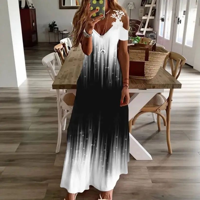 2023 Black & White Gradient Lace V-Neck Sleeveless Long Dress - Image 9