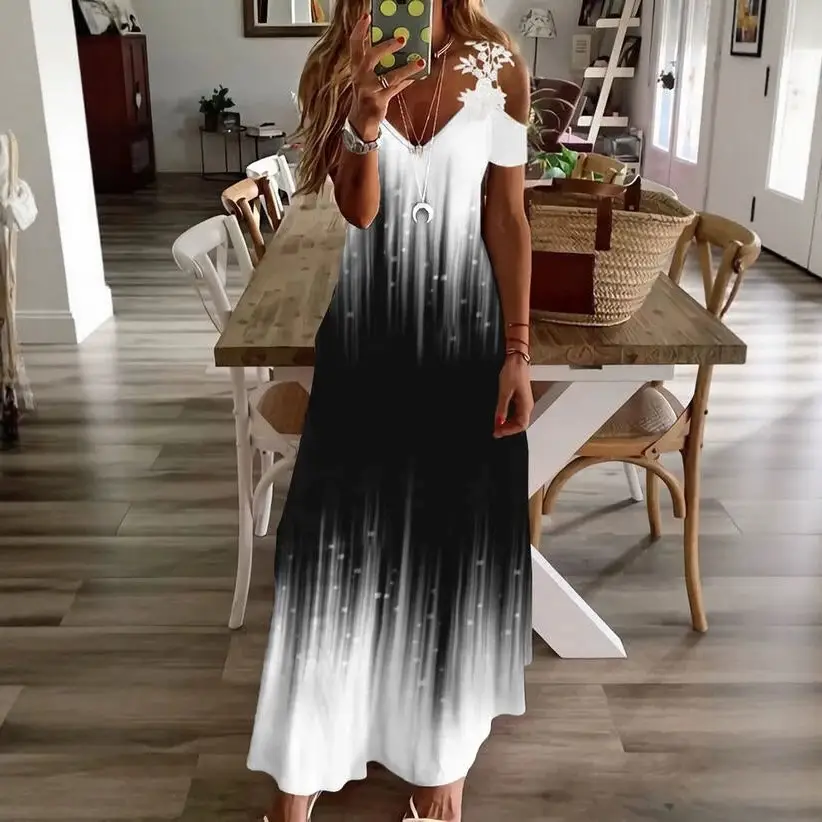 2023 Black & White Gradient Lace V-Neck Sleeveless Long Dress - Image 10