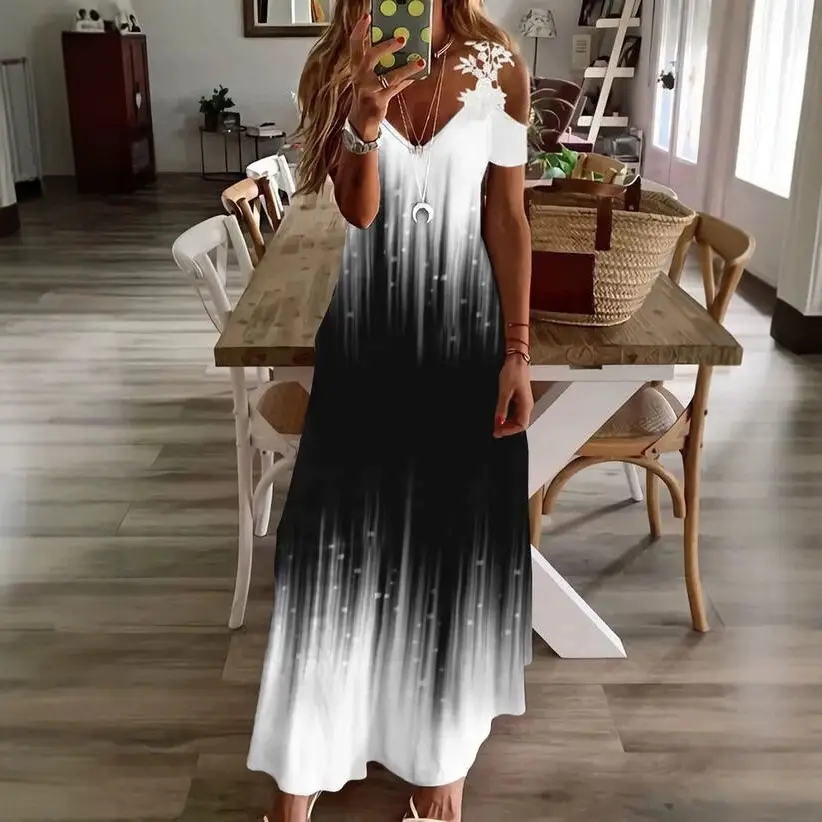 2023 Black & White Gradient Lace V-Neck Sleeveless Long Dress - Image 11