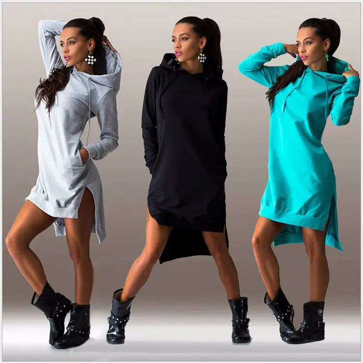 Women's Beige Long Sleeve Hooded Dress with Side Slit