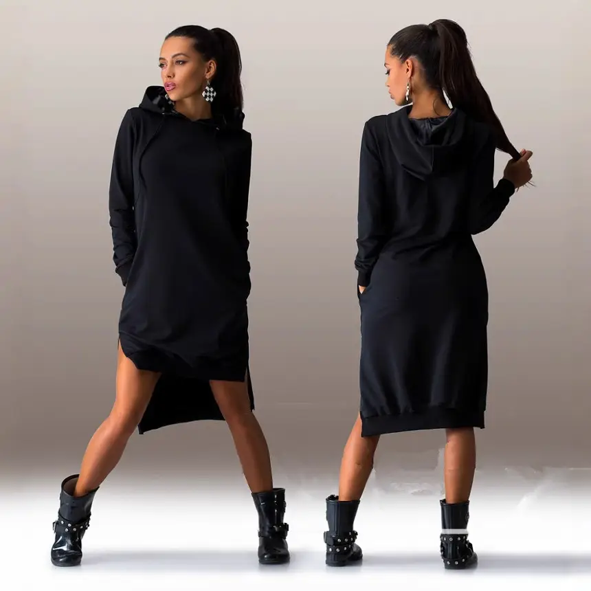 Women's Beige Long Sleeve Hooded Dress with Side Slit