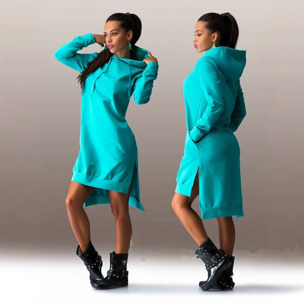 Women's Beige Long Sleeve Hooded Dress with Side Slit