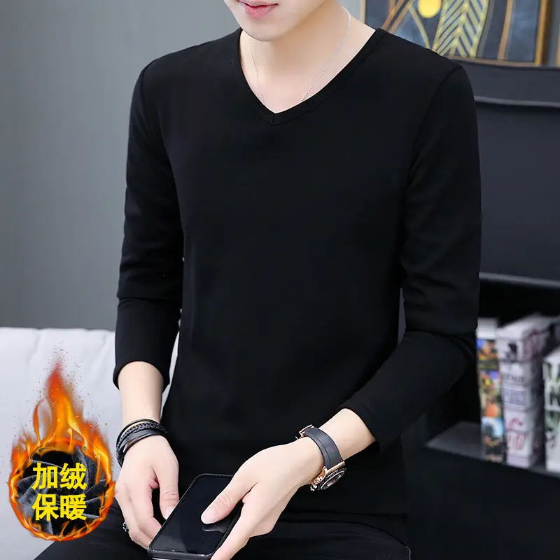 Men Fleece Lined Long Sleeve V Neck T-Shirt Grey - Image 3