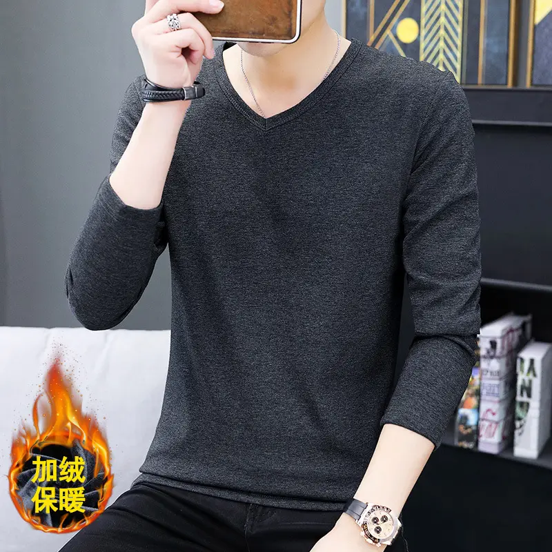 Men Fleece Lined Long Sleeve V Neck T-Shirt Grey - Image 2