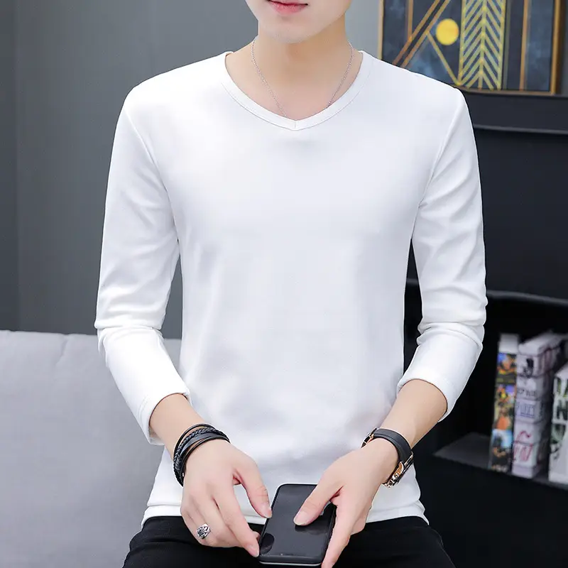 Men Fleece Lined Long Sleeve V Neck T-Shirt Grey - Image 4