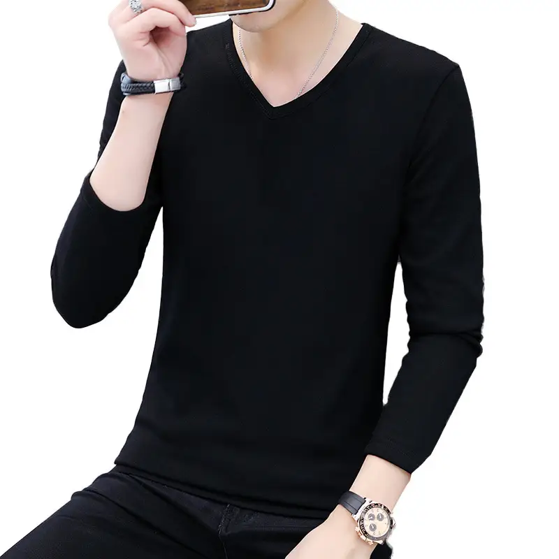 Men Fleece Lined Long Sleeve V Neck T-Shirt Grey - Image 5