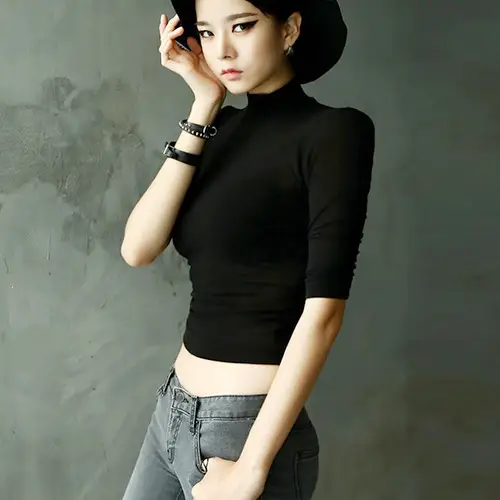 Korean Style Black Slim Fit Half Sleeve T-shirt for Women - Image 4