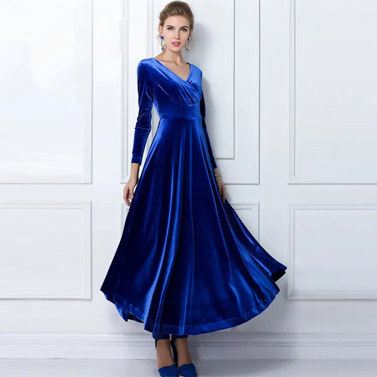 Blue Velvet V-Neck Long Sleeve Dress for Women - Image 6