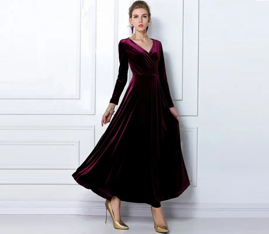 Blue Velvet V-Neck Long Sleeve Dress for Women - Image 7