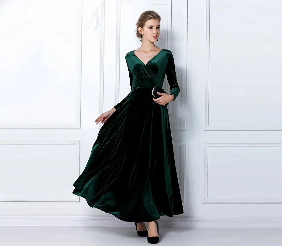 Blue Velvet V-Neck Long Sleeve Dress for Women - Image 8