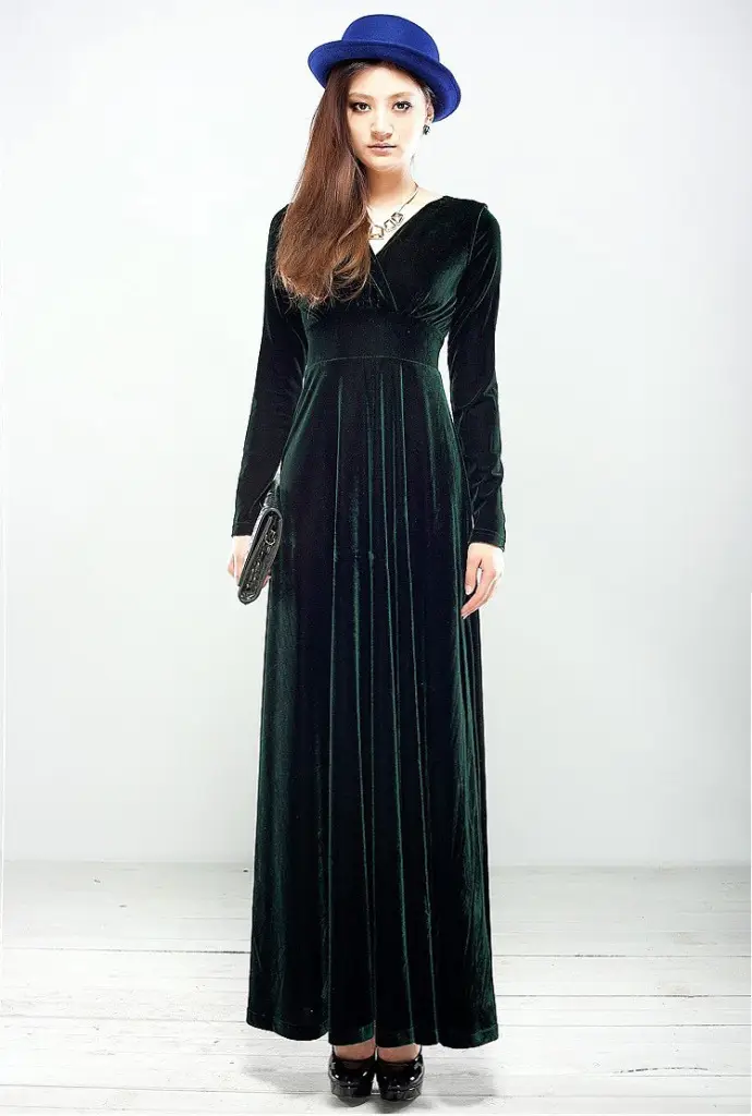 Blue Velvet V-Neck Long Sleeve Dress for Women - Image 3