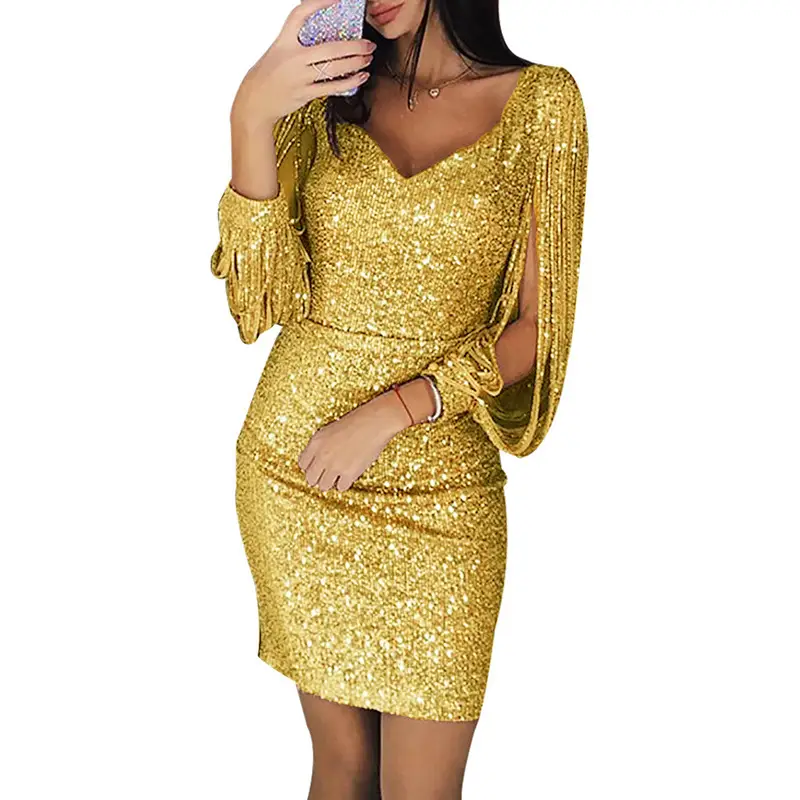 Red Sequin Tassel Hip Dress for Women Party Wear