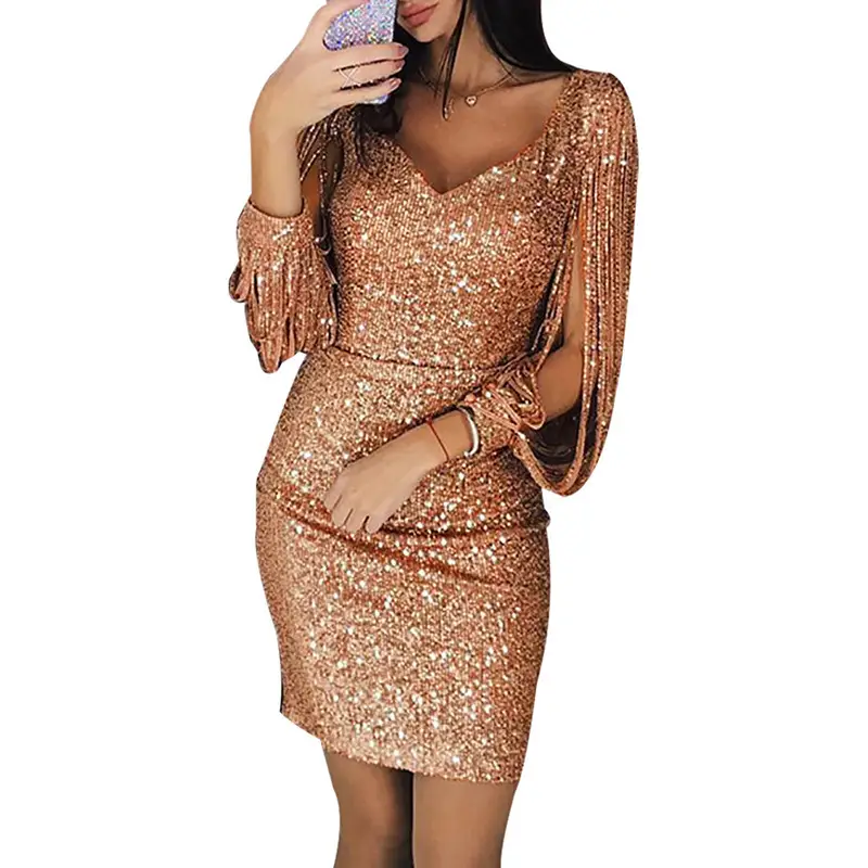 Red Sequin Tassel Hip Dress for Women Party Wear