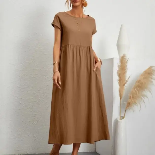 Women's Olive Green Sleeveless Cotton Dress with Belt - Image 18
