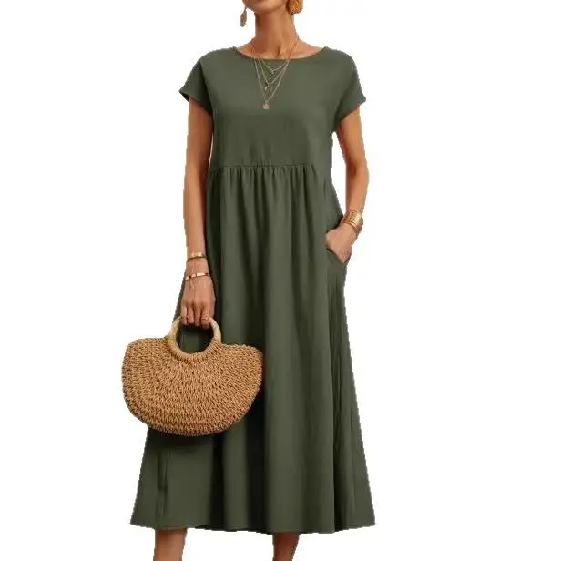 Women's Olive Green Sleeveless Cotton Dress with Belt - Image 21