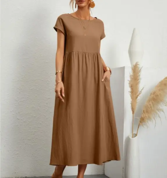 Women's Olive Green Sleeveless Cotton Dress with Belt - Image 5