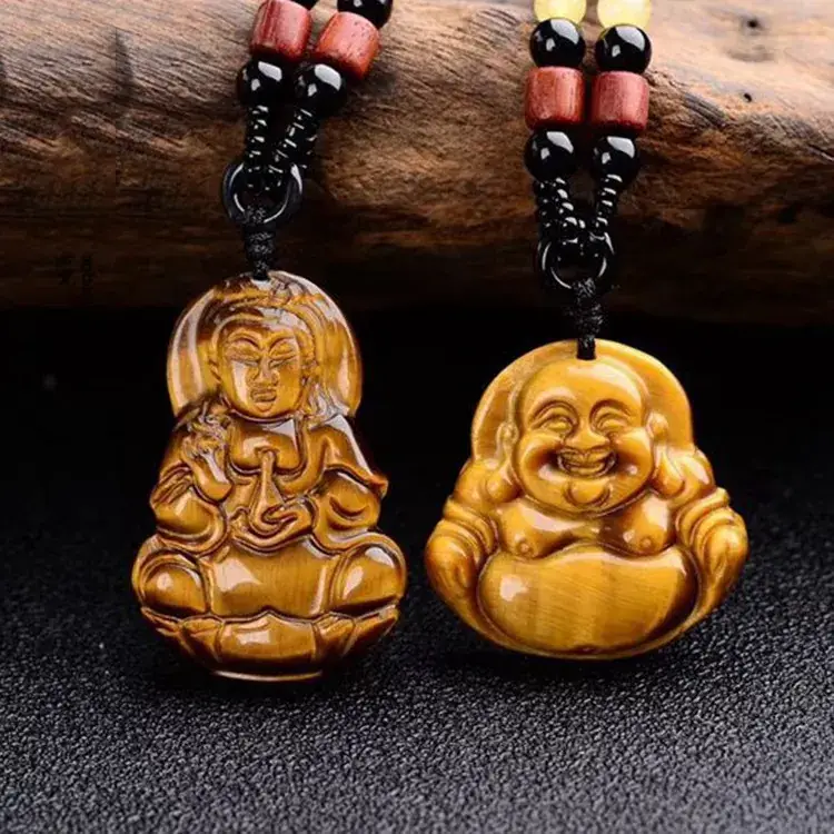 Yellow Tiger Eye Stone Buddha Ball Chain Guanyin Jade Pendant Men's Tiger Eye Stone Guanyin Necklace - Image 5