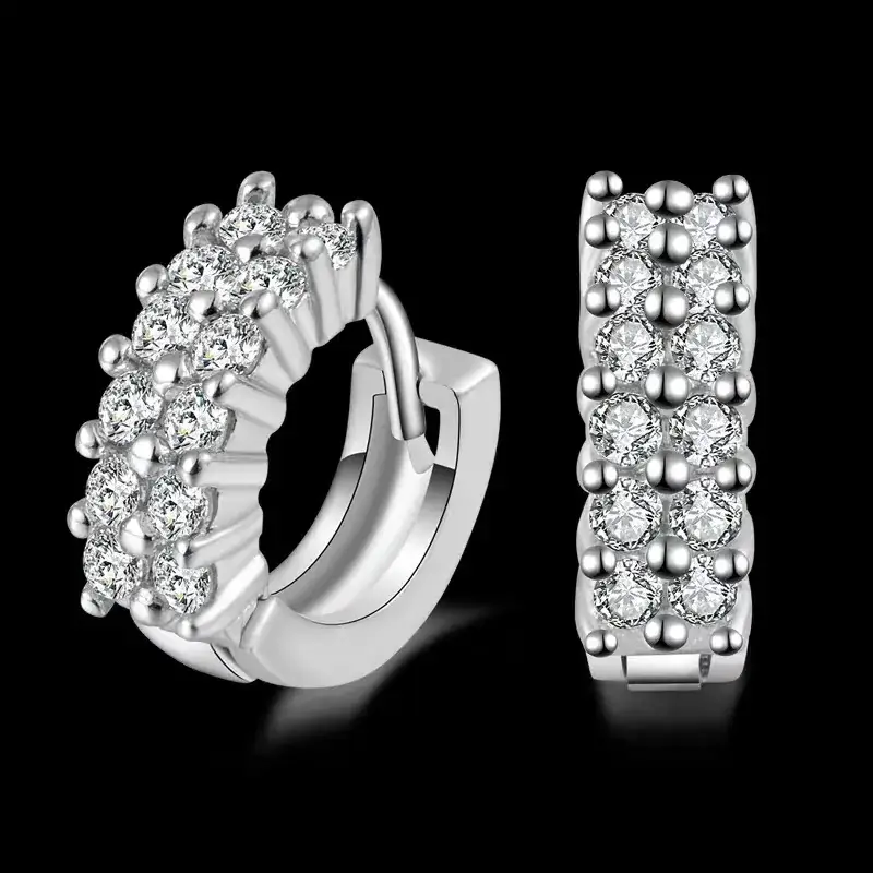 Silver Plated Double Row Inlaid Diamond Earrings