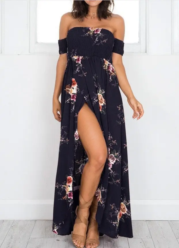 Maroon Floral Print Off-Shoulder Long Dress for Women