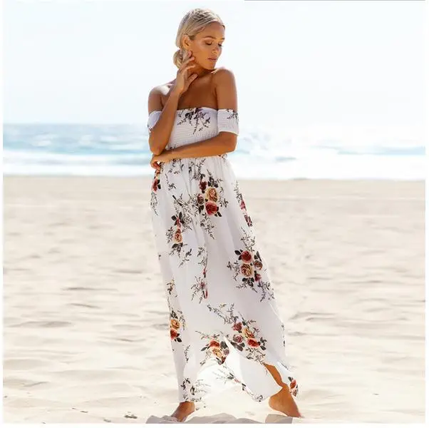 Maroon Floral Print Off-Shoulder Long Dress for Women
