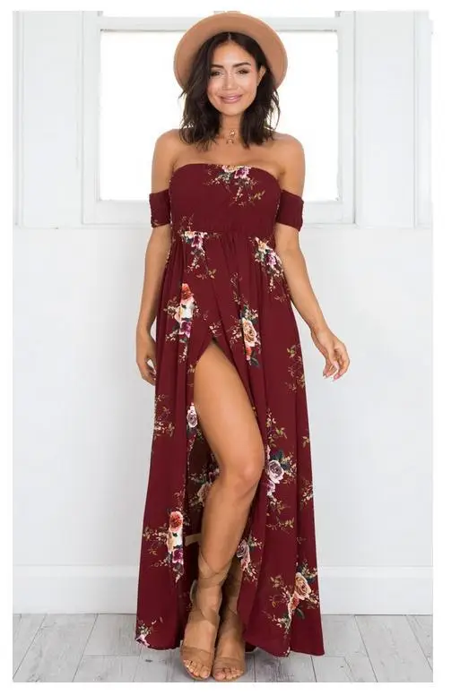 Maroon Floral Print Off-Shoulder Long Dress for Women
