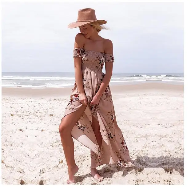 Maroon Floral Print Off-Shoulder Long Dress for Women