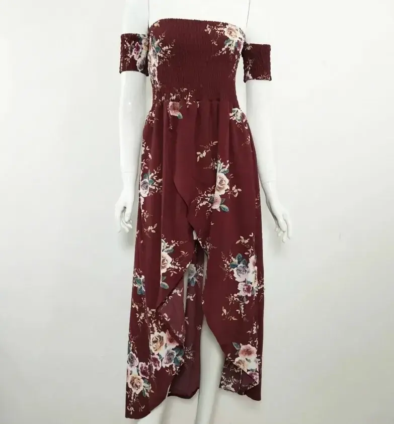 Maroon Floral Print Off-Shoulder Long Dress for Women