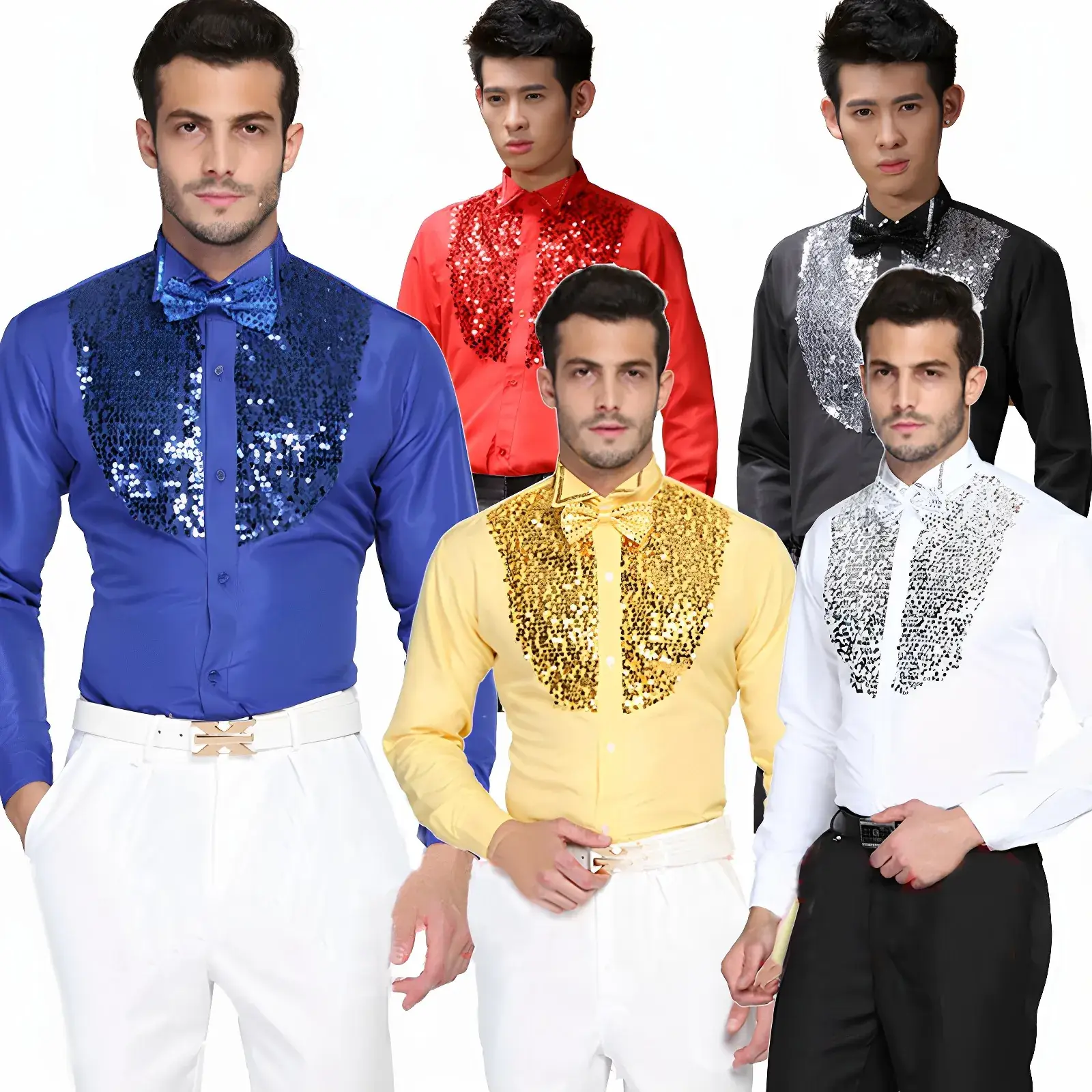 Men's Glitter Embroidered Shirt White Blue Yellow - Image 6