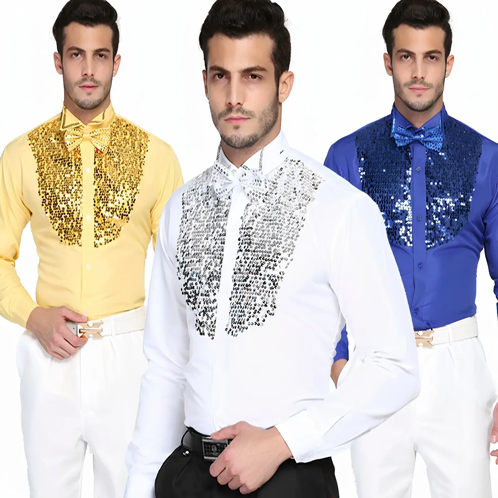 Men's Glitter Embroidered Shirt White Blue Yellow - Image 7