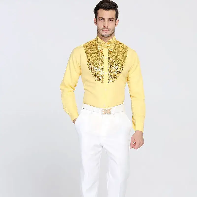 Men's Glitter Embroidered Shirt White Blue Yellow - Image 5