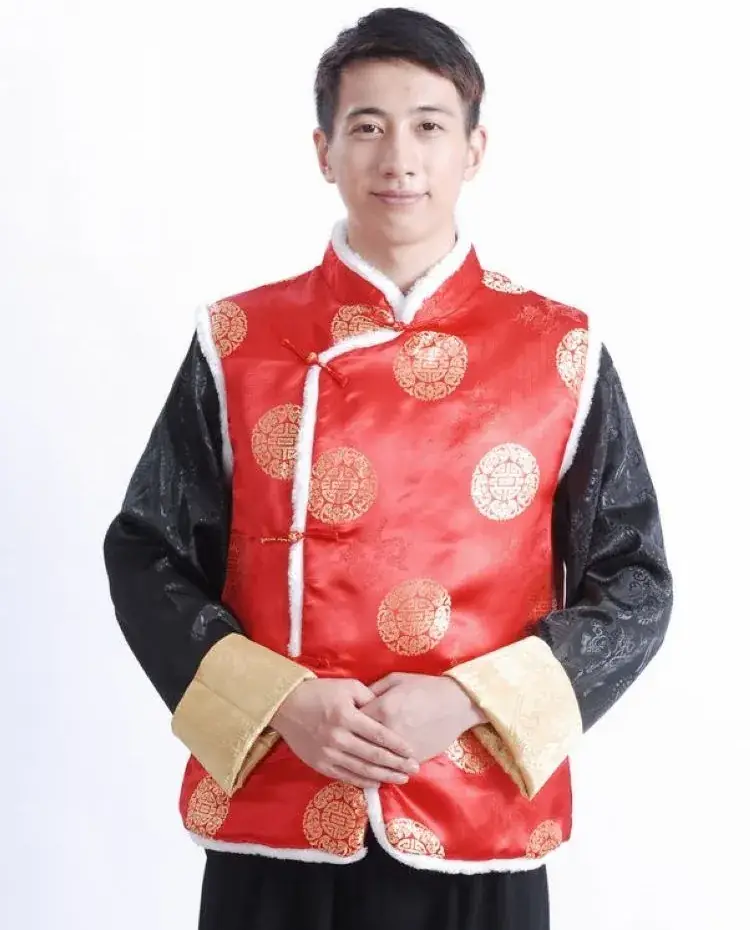 Red Quilted Ethnic Waistcoat Vest for Men - Image 9