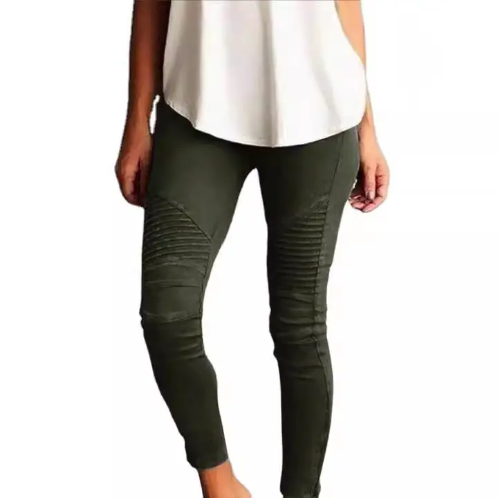 Women's Slim Fit Elastic Pants Olive Green Casual - Image 7