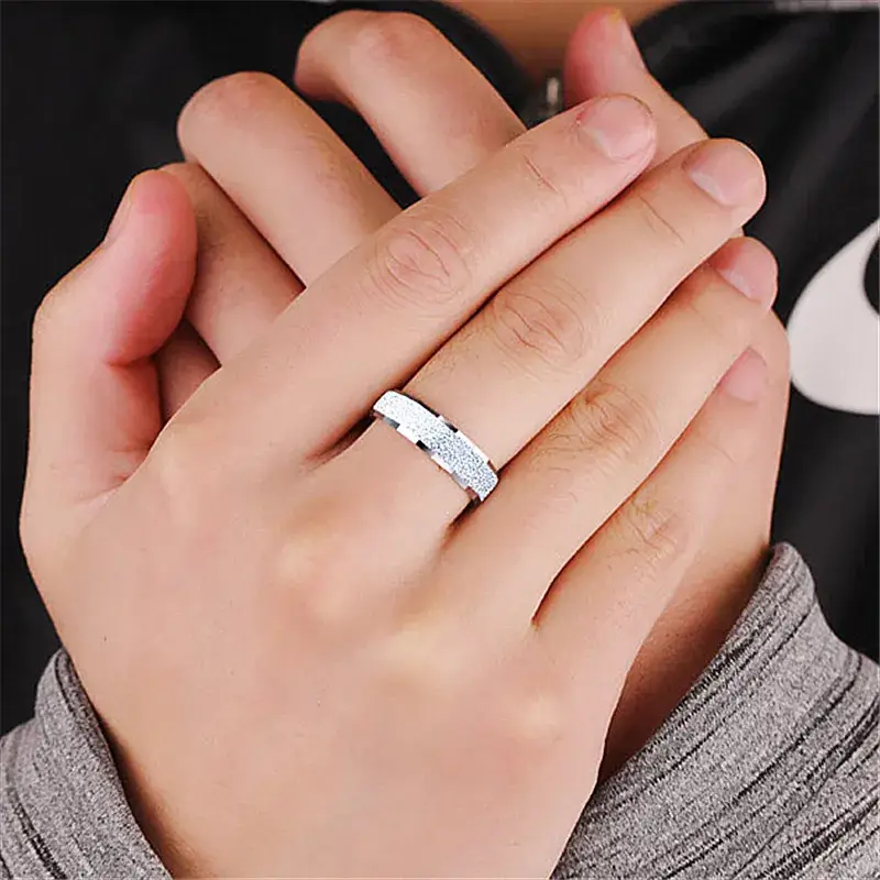Platinum Plated Flash Sand Open Frosted Ring for Men