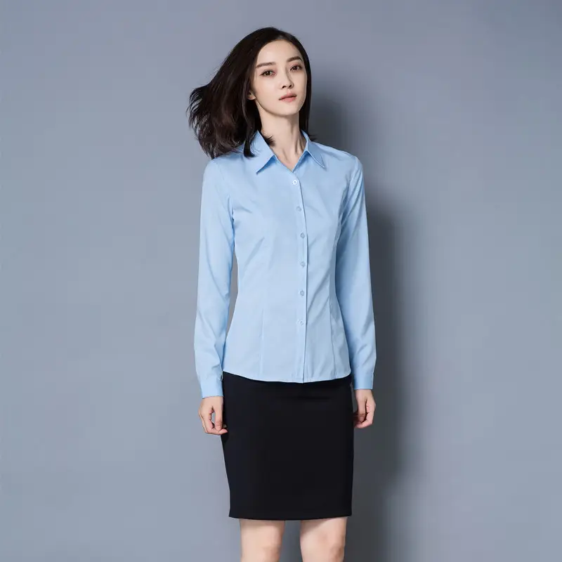 Women Long Sleeve Light Blue Business Shirt Large - Image 4