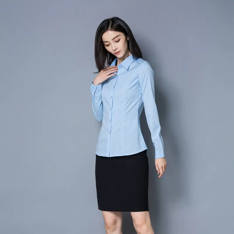 Women Long Sleeve Light Blue Business Shirt Large - Image 2