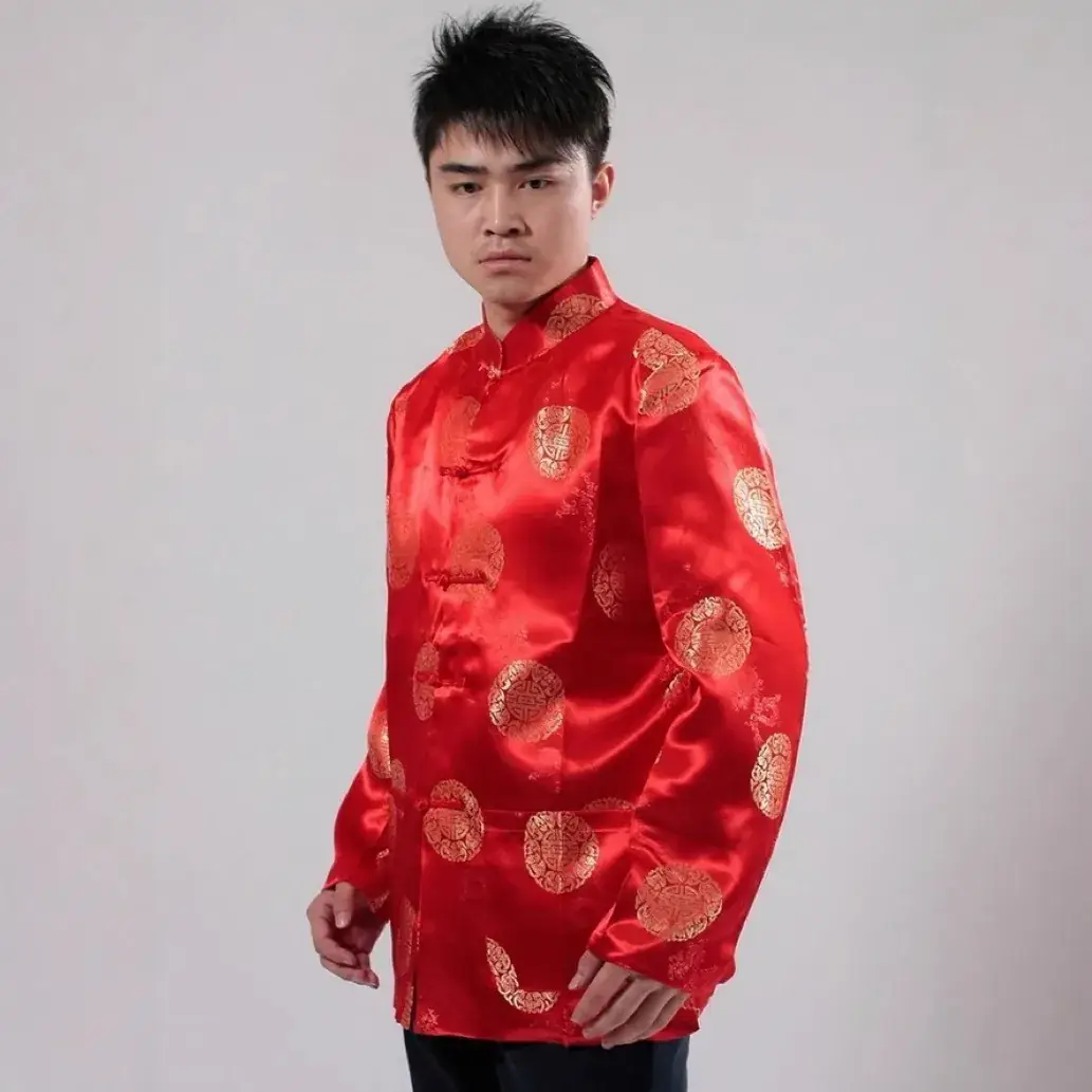 Red Long Sleeve Hanfu Chinoiserie Jacket for Men - Image 10