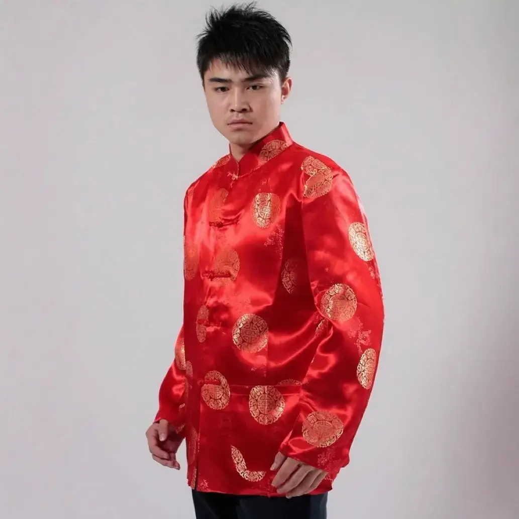Red Long Sleeve Hanfu Chinoiserie Jacket for Men - Image 12