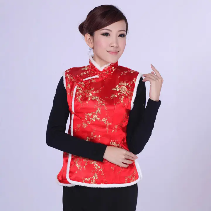 Women's Red Chinoiserie Waistcoat Vest with Black Long Sleeve - Image 8