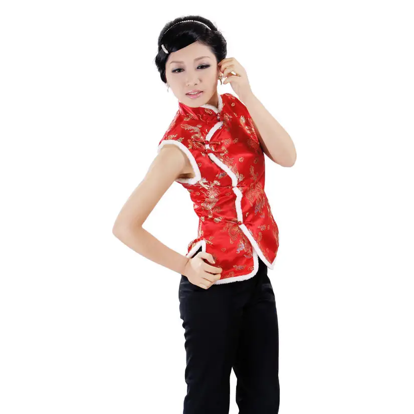 Women's Red Chinoiserie Waistcoat Vest with Black Long Sleeve - Image 9