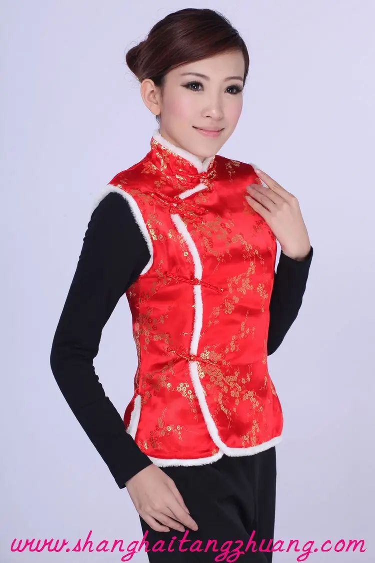 Women's Red Chinoiserie Waistcoat Vest with Black Long Sleeve — feature 3