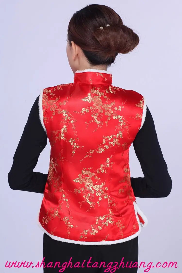 Women's Red Chinoiserie Waistcoat Vest with Black Long Sleeve — feature 4
