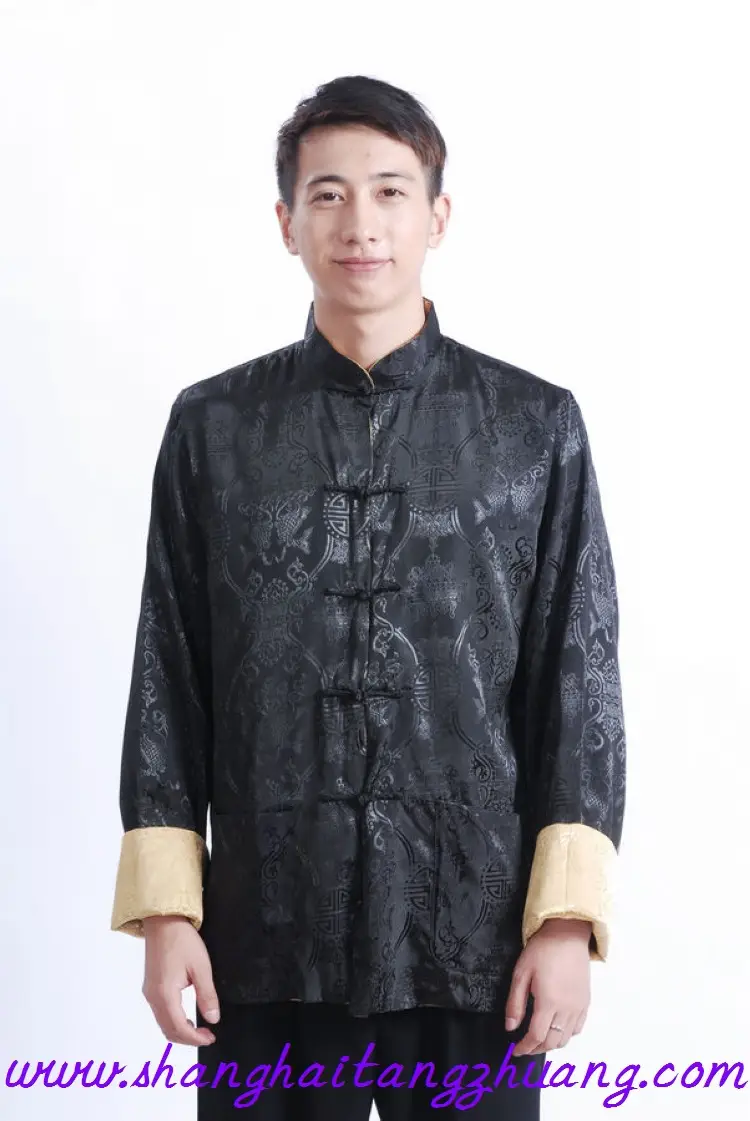 Men's Silk Long Sleeve Traditional Suit Black Gold — feature 3